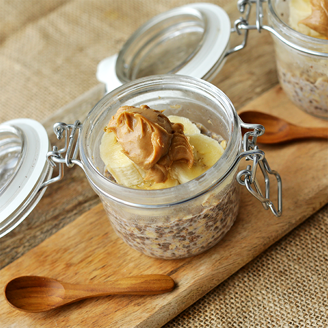 peanut butter and banana overnight oats in a pot