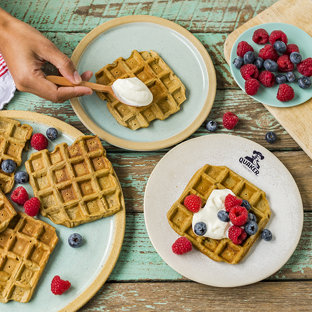Follow our recipe for gluten free waffles which are made using Quaker gluten free oats, cassava flour and matcha powder