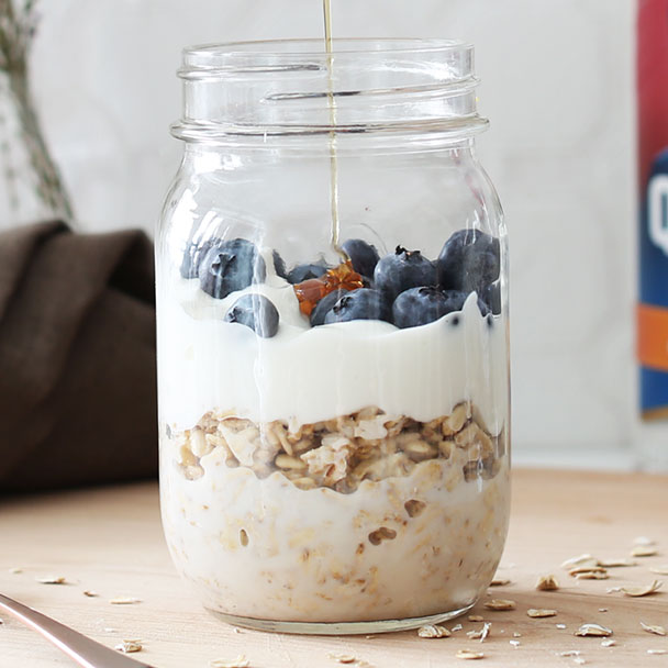 blueberry and honey overnight oats topped with honey