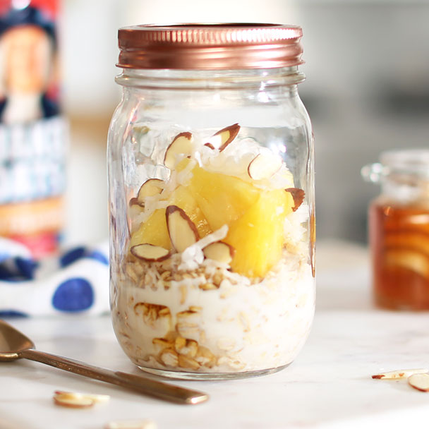 pina colada overnight oats in a glass