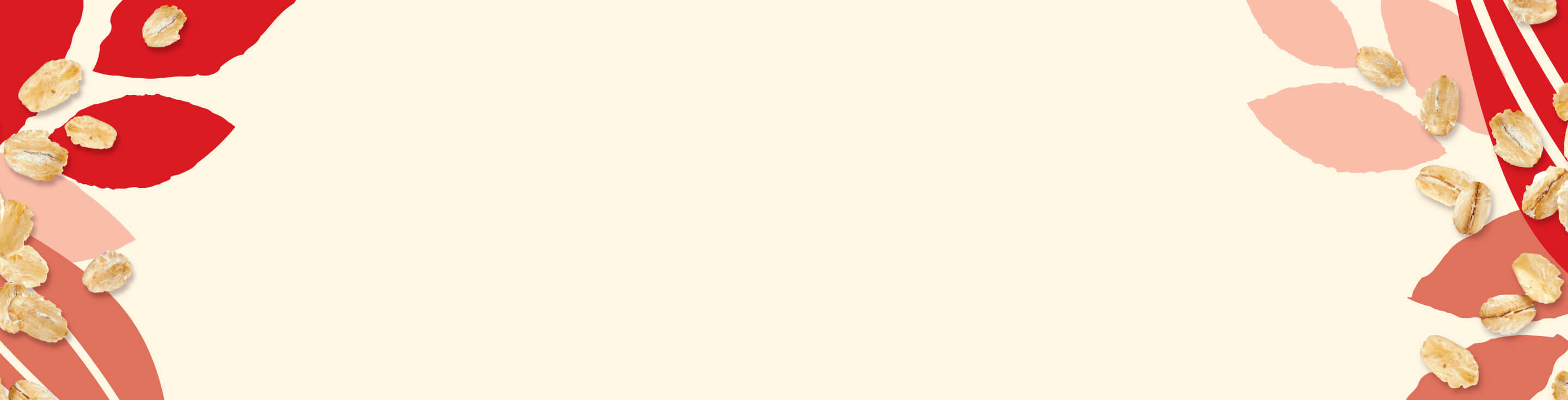 Artistic composition featuring scattered oat flakes on a beige background with red and pink abstract leaf designs, symbolizing natural and healthy ingredients