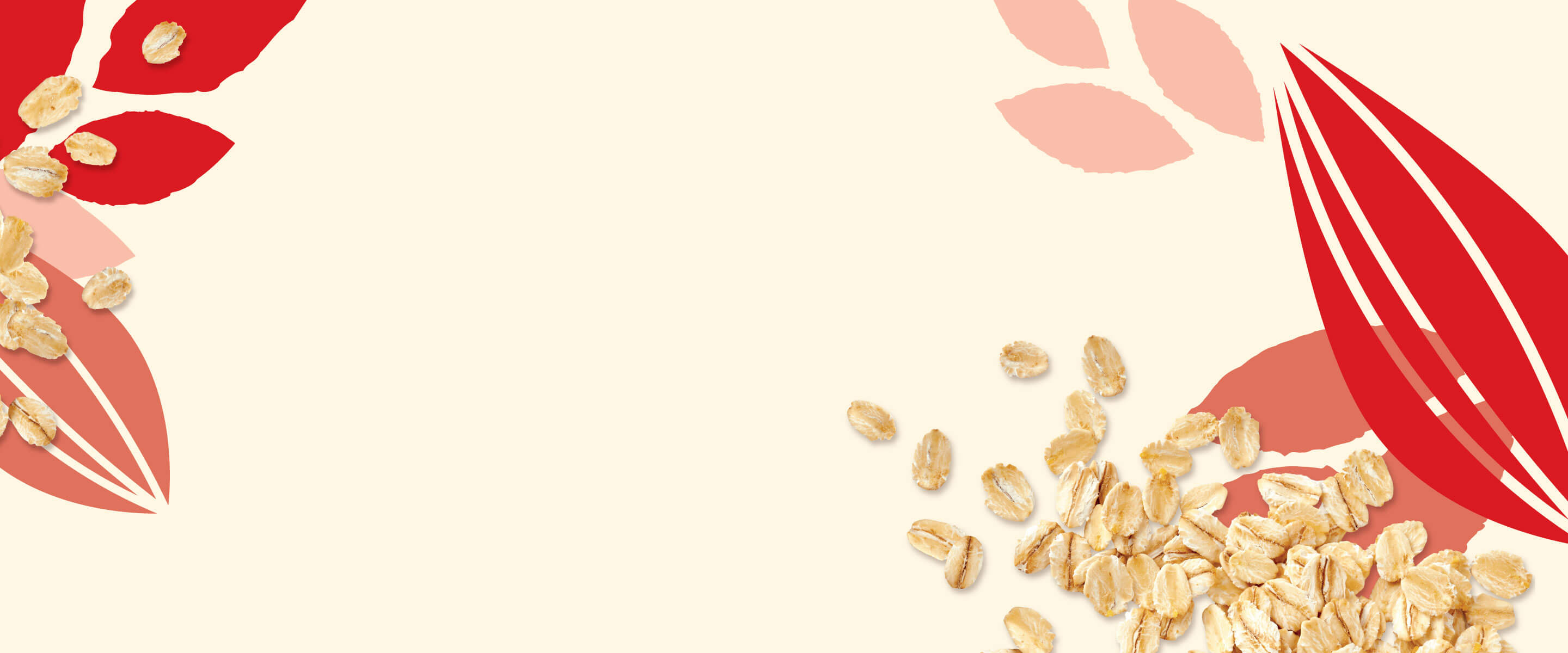 Artistic composition featuring scattered oat flakes on a beige background with red and pink abstract leaf designs, symbolizing natural and healthy ingredients